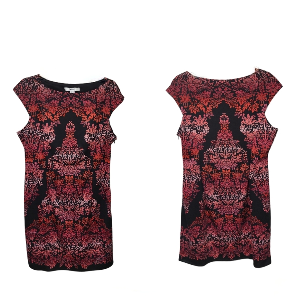 NWOT Wisp Red and Black Floral Print Shift Style Short Sleeveless Dress Sz 14